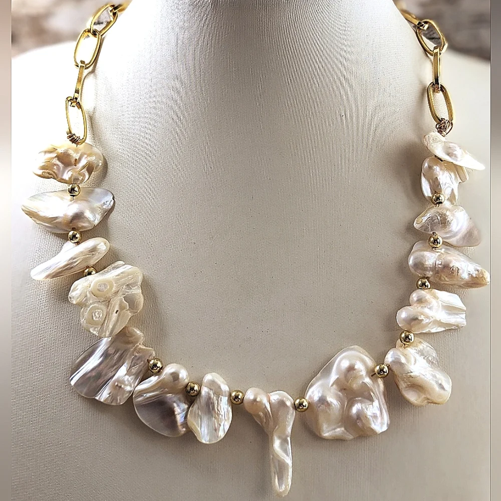 White Irregular Keshi Pearls In Classic 18K Gold  Plated Paperclip Necklace - Picture 2 of 9